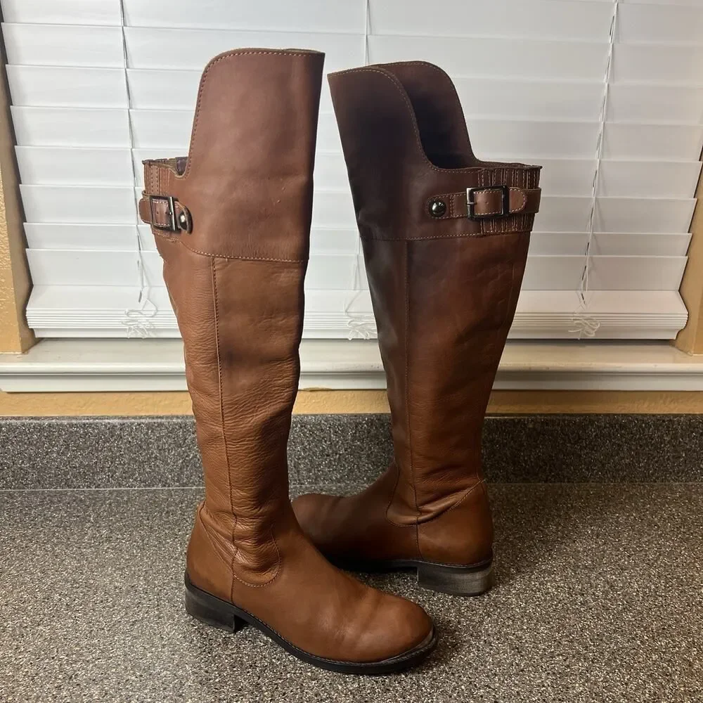 Seychelles Women’s Leather Over the Knee Boots Brown Size 7 with Toe Plates Zip